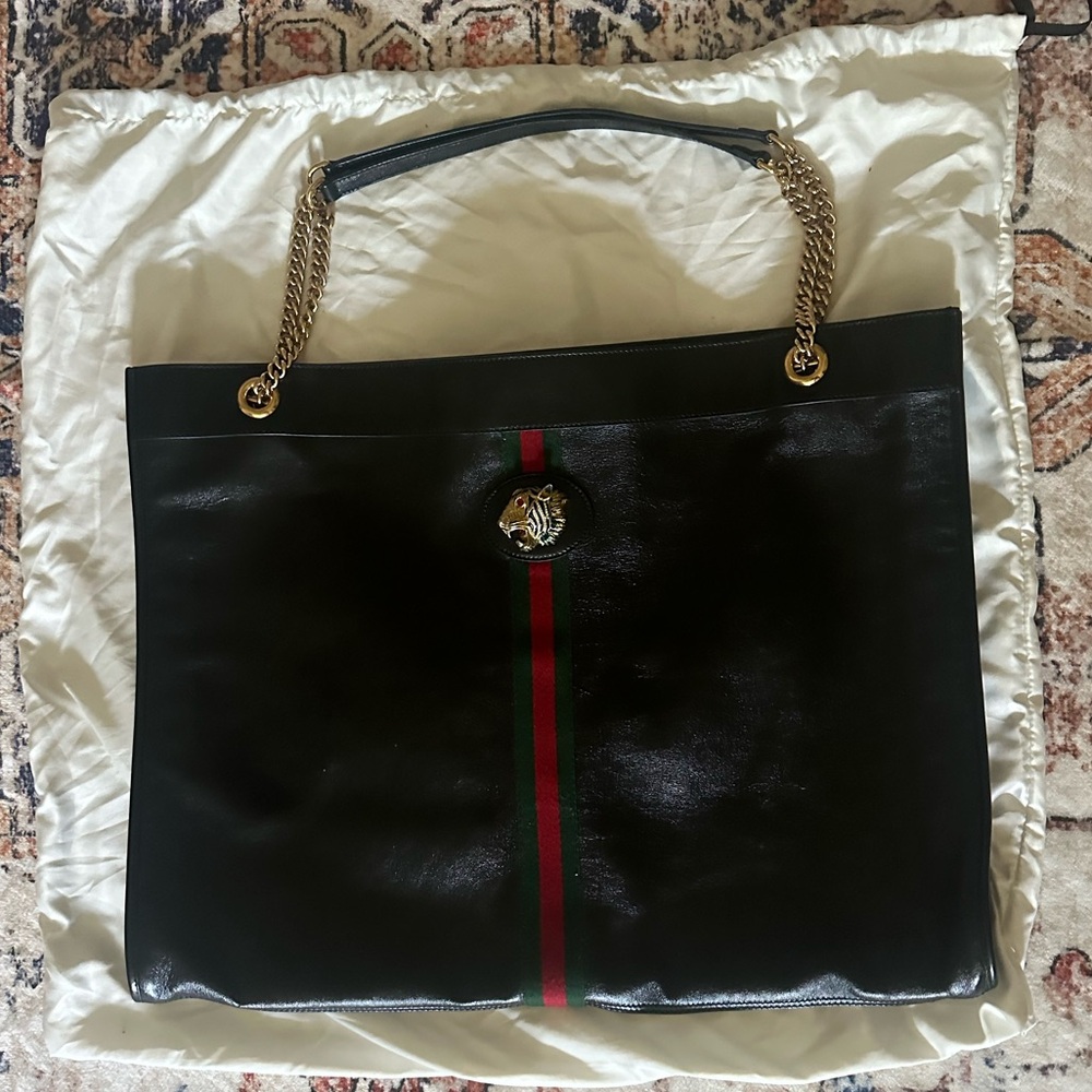 Rajah Maxi Tote Black Calf Skin with Gold Chain by Gucci